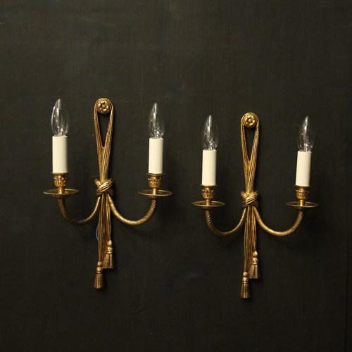 French Pair Of Gilded Brass Rope Wall Lights