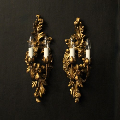 Florentine Pair Of Giltwood Antique Wall Lights