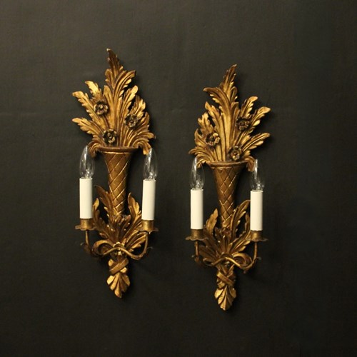 French Pair Of Giltwood Antique Wall Lights