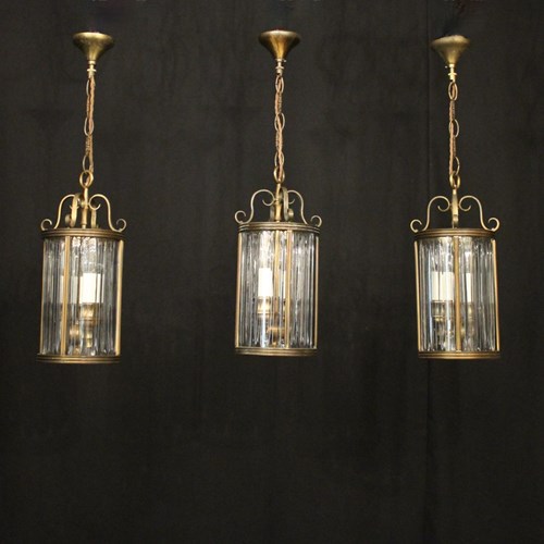 English Set Of 3 Bronze Antique Hall Lanterns