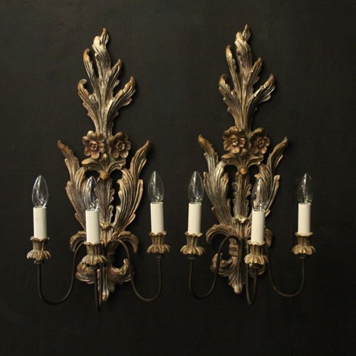 Italian Pair Of Silver Giltwood Wall Lights