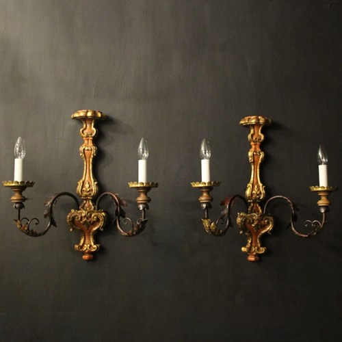 Italian Pair Of Polychrome Gilded Wall Lights
