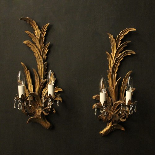 Florentine Pair Of Giltwood Leaf Wall Lights