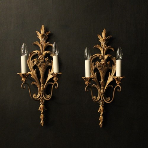 French Pair Of Wooden Twin Arm Wall Lights