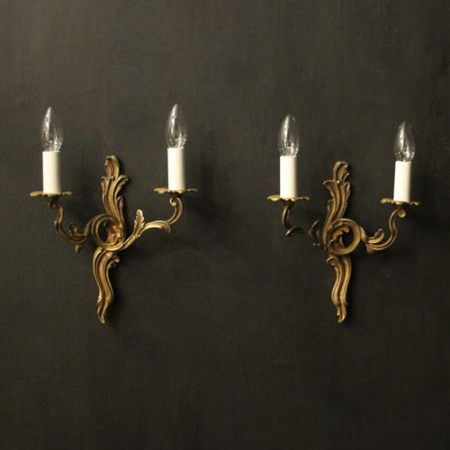 French Pair Of Gilded Twin Arm Wall Lights