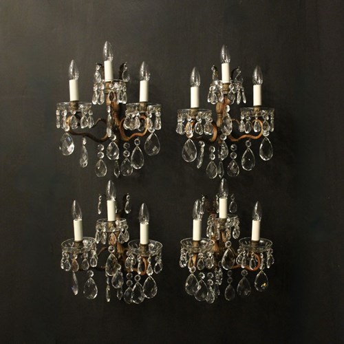 French Set Of 4 Gilded Triple Arm Wall Lights