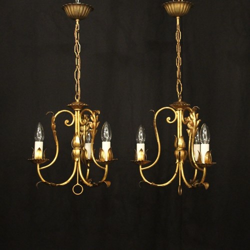 Florentine Pair Of Gilded Triple Light Chandeliers