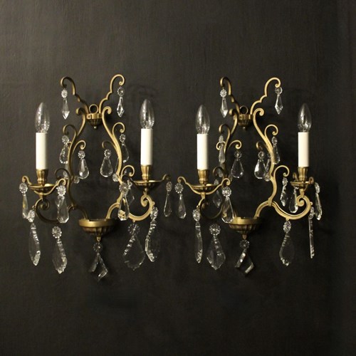 French Gilded & Crystal Twin Arm Wall Lights