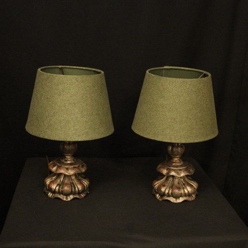French Pair Of Silver Giltwood Table Lamps