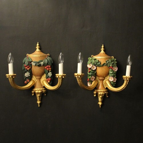 French Polychrome Twin Arm Wall Lights