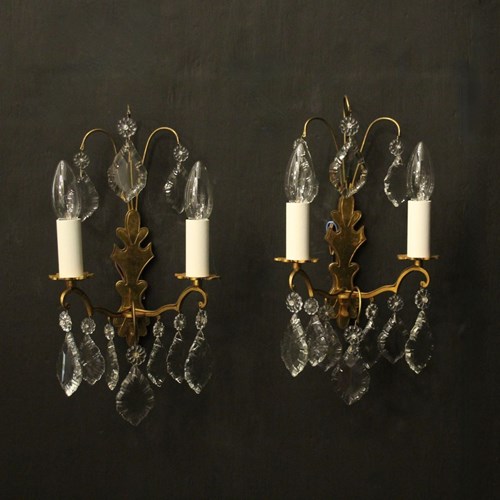 French Gilded & Crystal Twin Arm Wall Lights