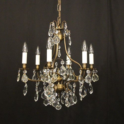 French Brass & Crystal 6 Light Chandelier