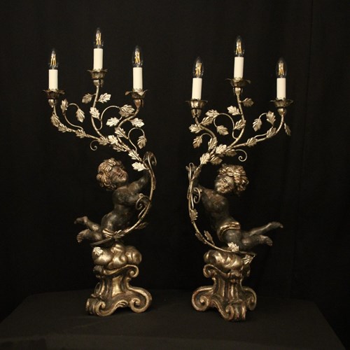 French Pair Silver Giltwood Cherub Candelabra