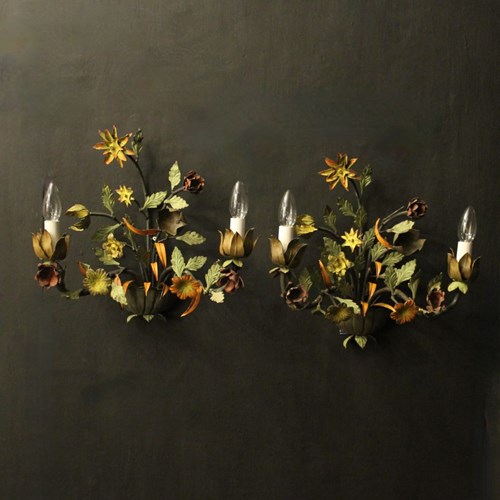 French Pair Of Toleware Floral Wall Lights