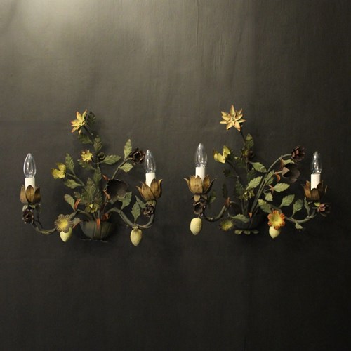 French Pair Of Toleware Floral Wall Lights
