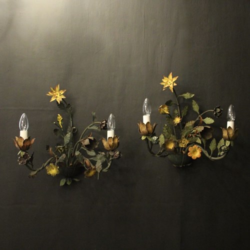 French Pair Of Toleware Floral Wall Lights