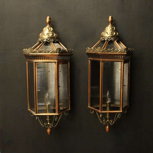 French Pair Of Brass & Copper Half Lanterns