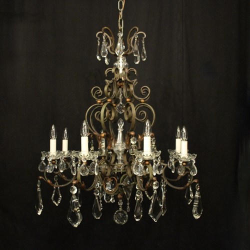 French 8 Light Polychrome Wrought Iron Chandelier