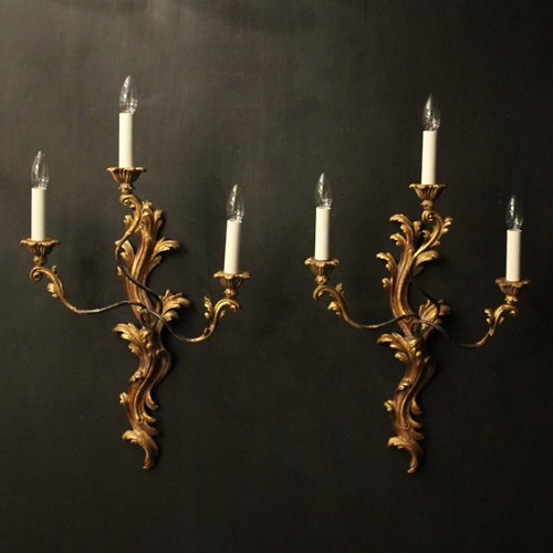 French Pair Of Giltwood Antique Wall Lights