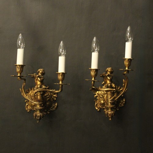 French Pair Of Bronze Antique Wall Sconces
