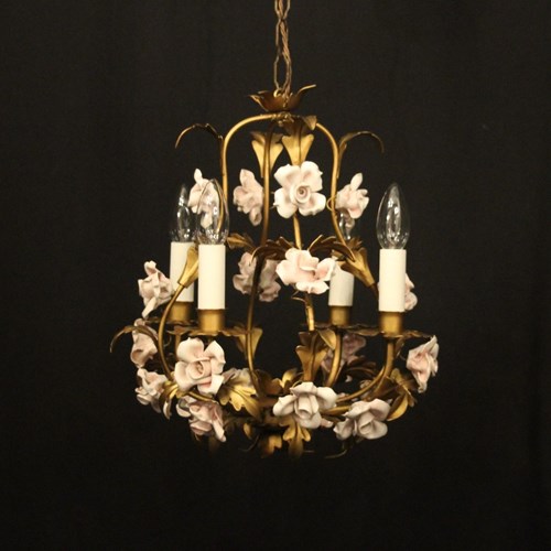 French Toleware & Porcelain 4 Light Flower Chandelier