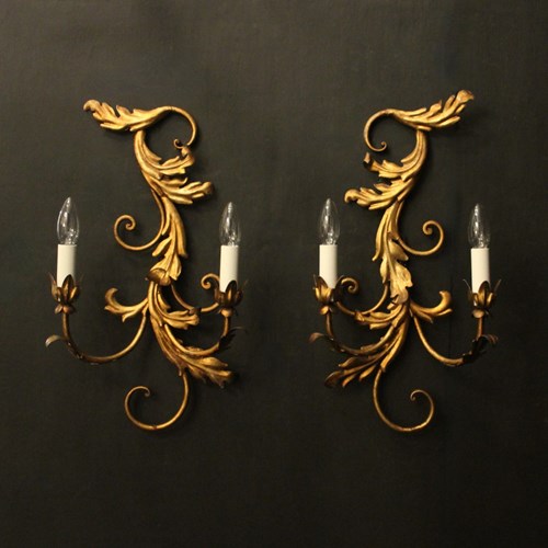 Florentine Pair Of Gilded Twin Arm Wall Lights