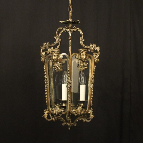 French Bronze Triple Light Hall Antique Lantern