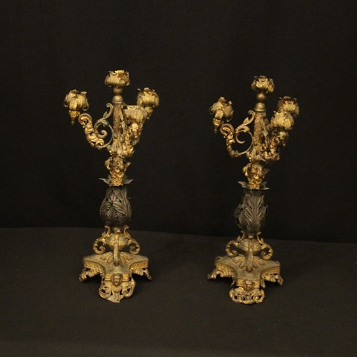 French Pair Of Triple Arm Antique Candelabras