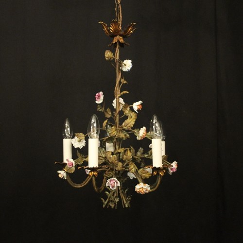 French Floral Toleware Five Light Chandelier