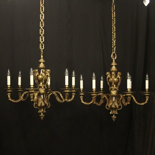 French Pair Gilded Bronze 6 Light Chandeliers