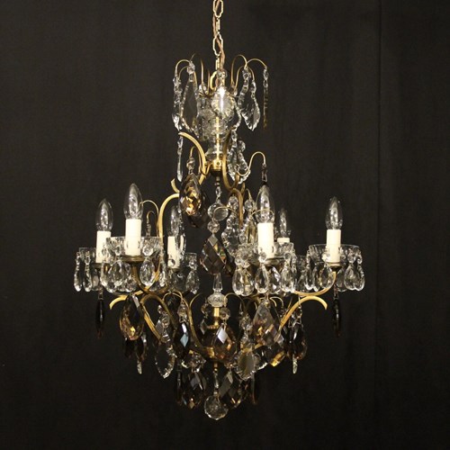 French Gilded Brass & Amethyst Crystal 6 Light Antique Chandelier