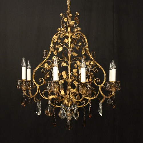 French Toleware & Crystal 8 Light Chandelier