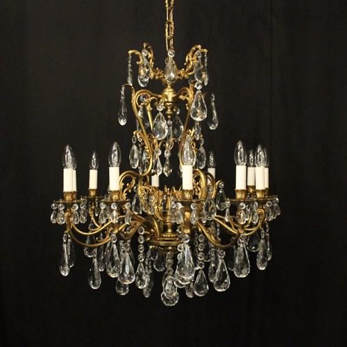 French Gilded 12 Light Antique Crystal Chandelier