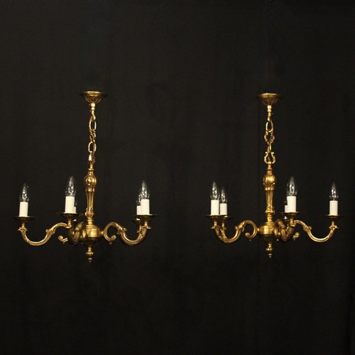 French Pair Gilded Bronze 5 Arm Chandeliers