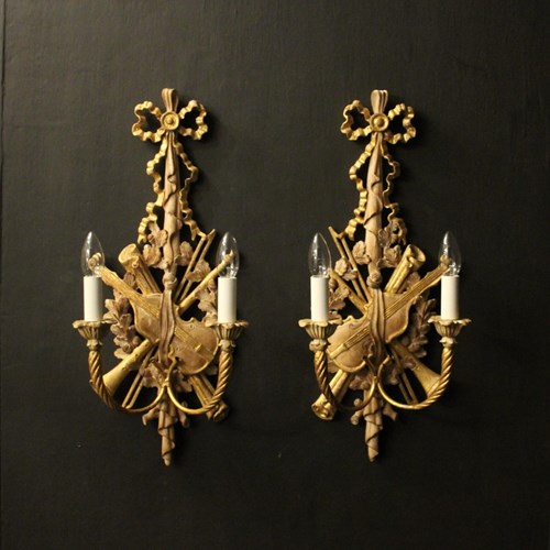 Italian Pair Of Wooden Twin Arm Wall Lights