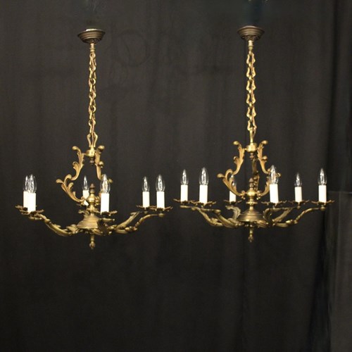 French Pair Gilded Brass 6 Light Chandeliers