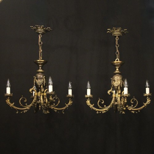 French Pair Gilded Bronze 4 Light Chandeliers