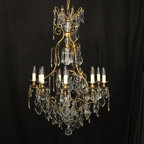 French Gilded 10 Light Antique Crystal Chandelier