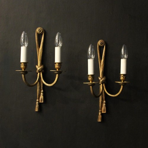 French Pair Of Gilded Brass Rope Wall Lights