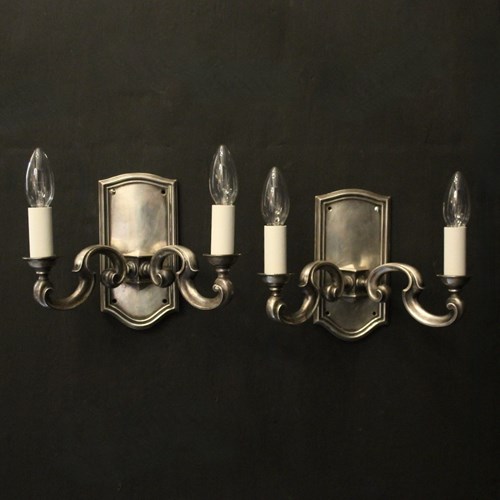English Pair Of Silver Plated Antique Wall Lights