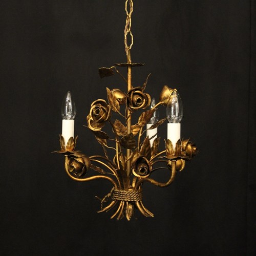 French Floral Toleware Triple Light Chandelier