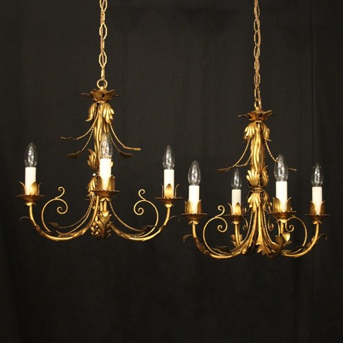 Florentine Pair Of Gilded Toleware Chandeliers