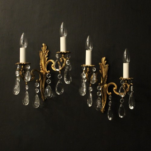 French Pair Of Crystal Twin Arm Wall Lights