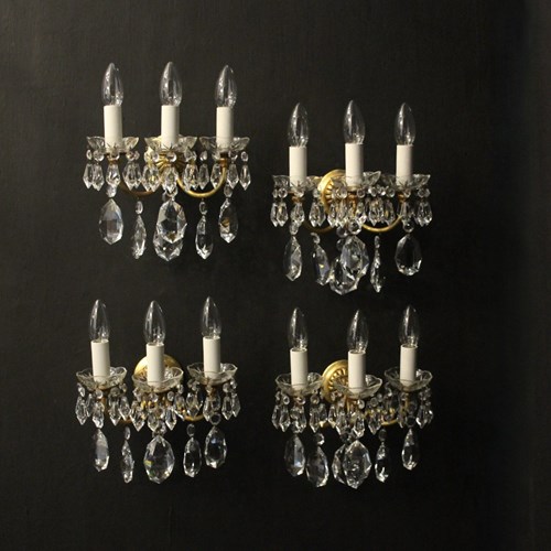 French Set Of 4 Crystal Triple Arm Wall Lights