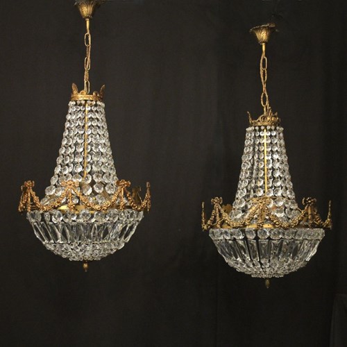 French Pair Of Gilded Triple Light Chandeliers