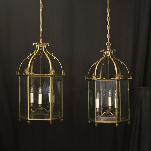English Pair Triple Light Antique Lanterns