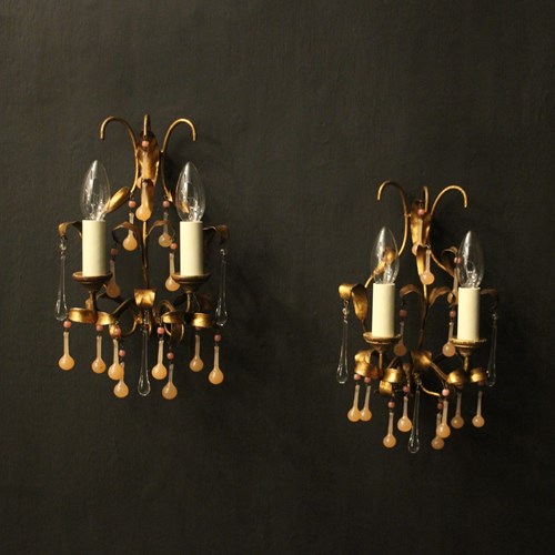 Florentine Pair Of Gilded Twin Arm Wall Lights