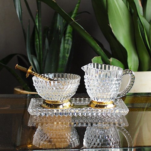 Beautiful Gold & Crystal Jug, Bowl, Tongs & Tray Set