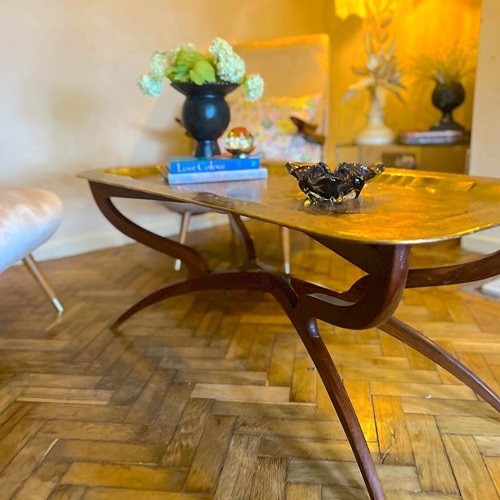 Mid Century Coffee Table Brass Tray & Teak Legs