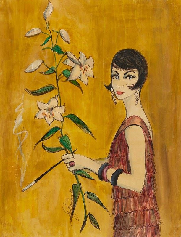 20Th Century American Illustrator 'Flapper With Lilies'-panter-hall-decorative-1-20th-century-american-illustrator-c--1960s-flapper-with-lilies-unframed-main-638181280070005881.jpeg